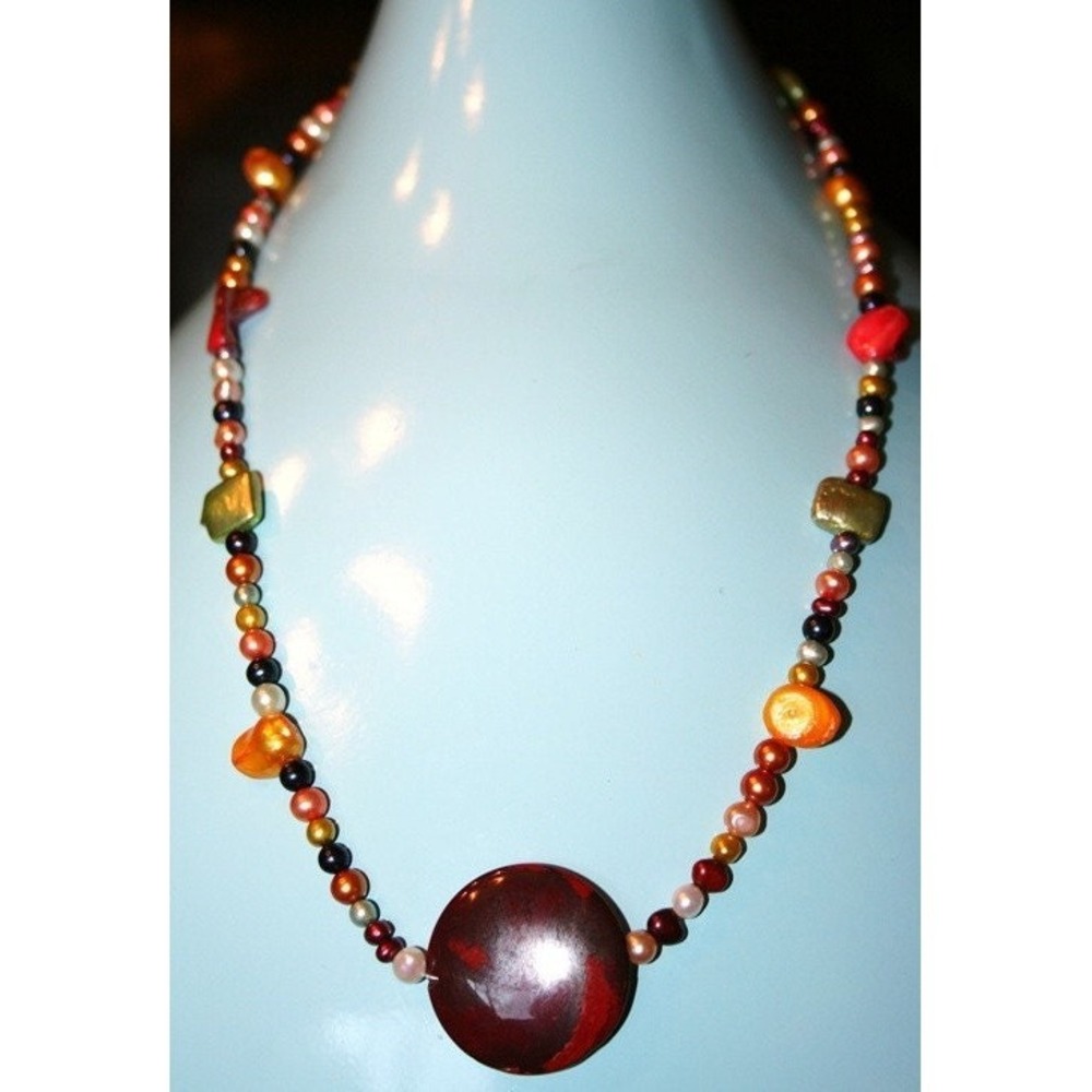 Colorful necklace Swarovski fresh water pearls mother of pearls, jasper center